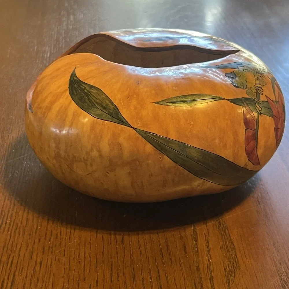 Vintage Hand Painted Carved Gourd Frog Lily Pad Art‎ Natural Decorative Dish